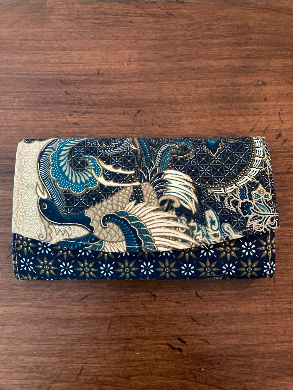 Dark Navy Blue Patterned Floral Print Clutch Wallet
